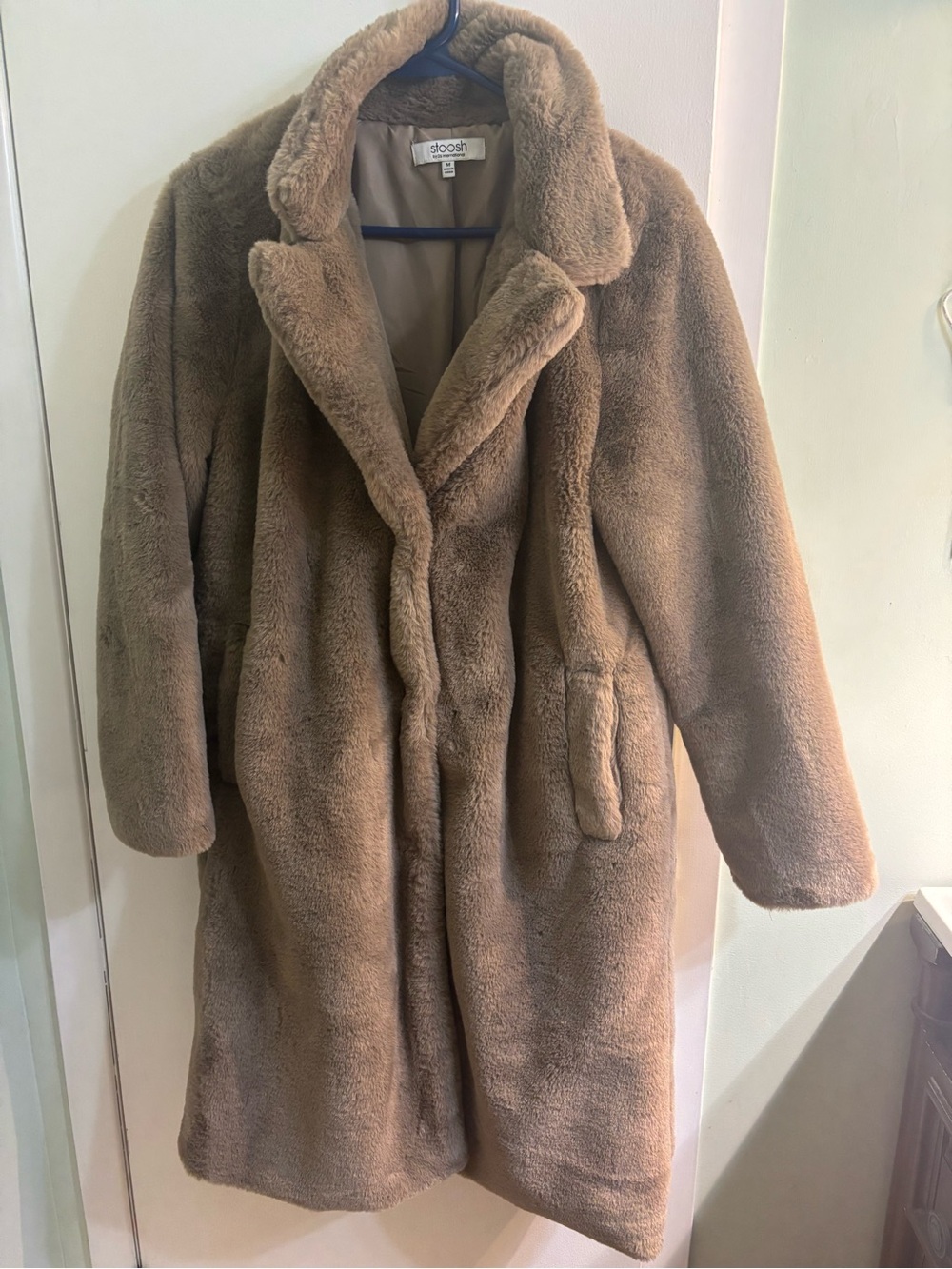 Stoosh Faux Fur Teddy Midi Coat in Light Brown
